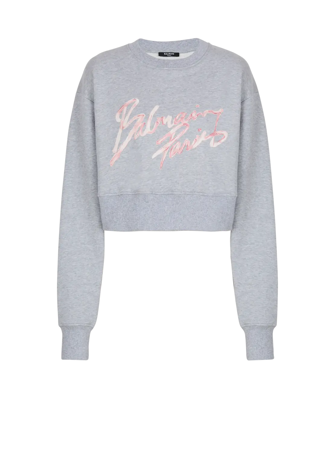 Укороченный хлопковый свитшот с принтом Balmain, серый
Укороченный хлопковый свитшот с принтом Balmain, серый