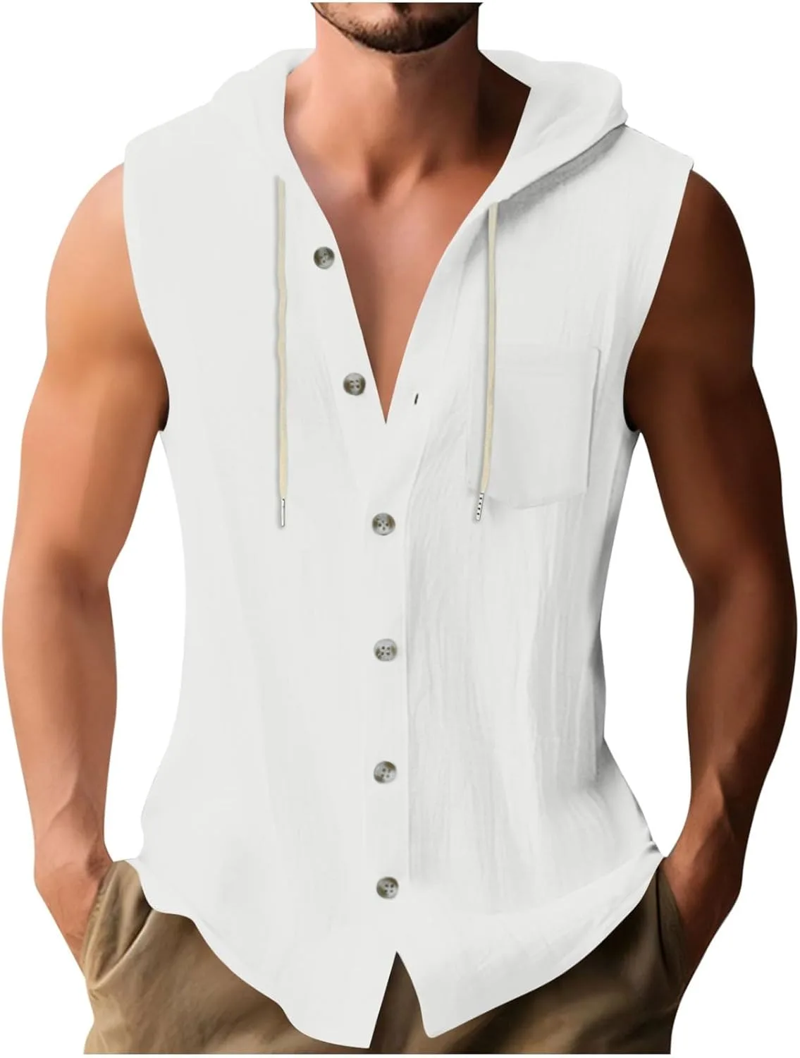 Мужская безрукавка с капюшоном Cotton Linen, на пуговицах и со шнурком
Мужская безрукавка с капюшоном Cotton Linen, на пуговицах и со шнурком