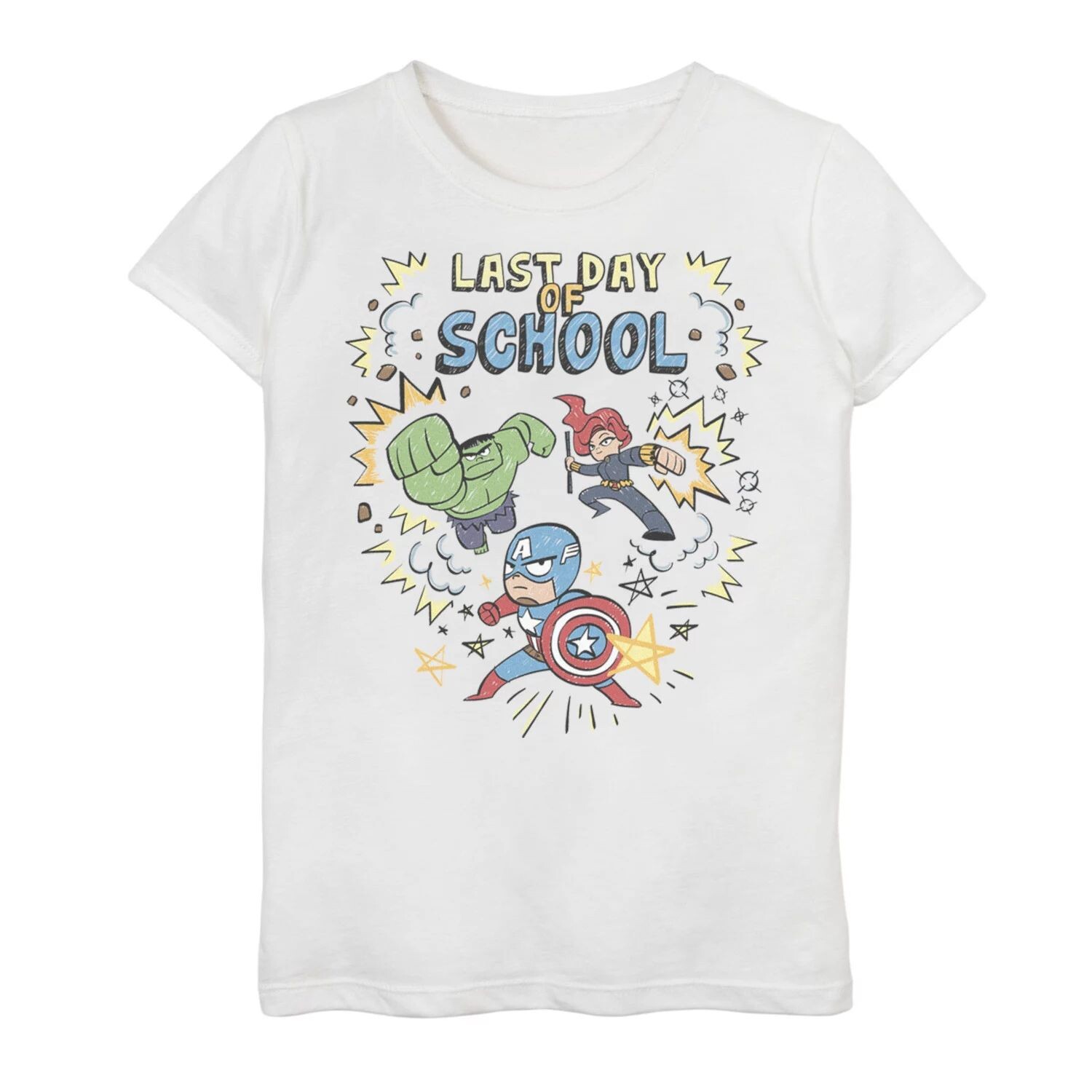 Простая футболка с надписью «Последний день в школе» с рисунками «Marvel Avengers» для девочек 7–16 лет Licensed Character, белый
Простая футболка с надписью «Последний день в школе» с рисунками «Marvel Avengers» для девочек 7–16 лет Licensed Character, белый
