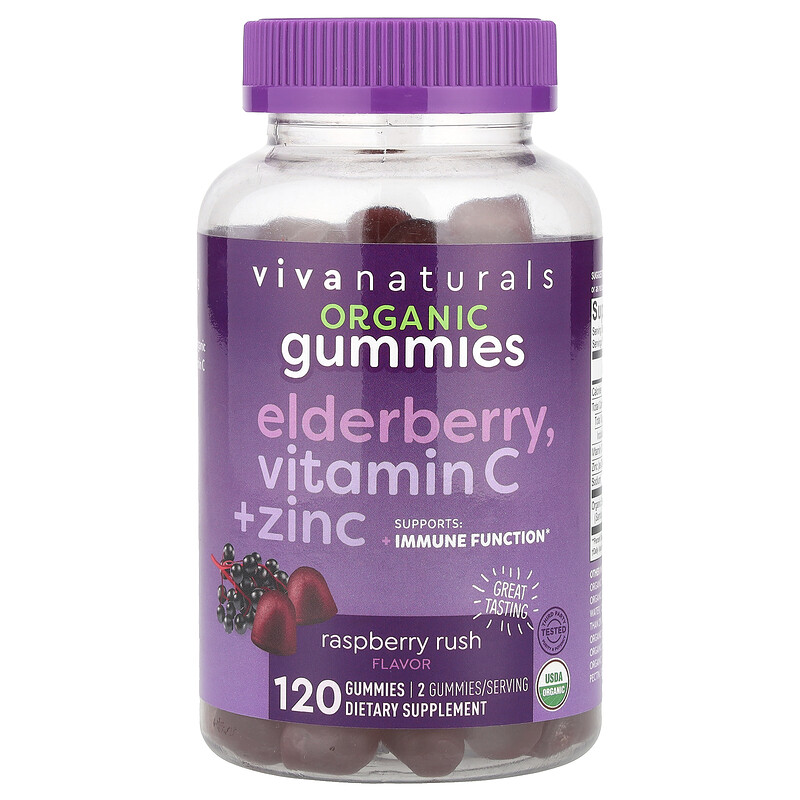 Viva Naturals, Органическая бузина, жевательные мармеладки с витамином С и цинком, малина, 120 жевательных таблеток
Viva Naturals, Органическая бузина, жевательные мармеладки с витамином С и цинком, малина, 120 жевательных таблеток