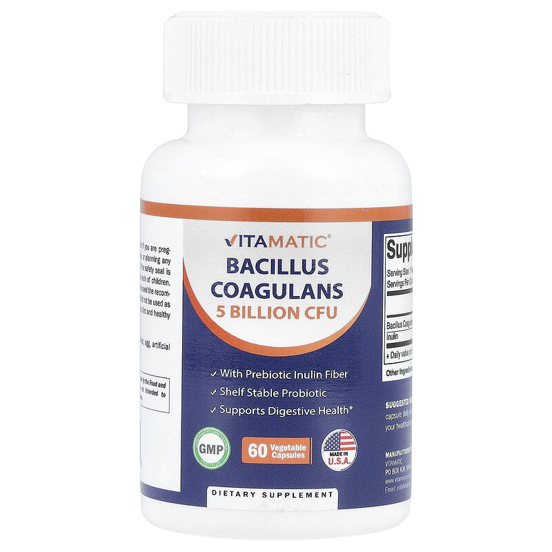 Vitamatic, Bacillus Coagulans, 5 млрд КОЕ, 60 растительных капсул
Vitamatic, Bacillus Coagulans, 5 млрд КОЕ, 60 растительных капсул