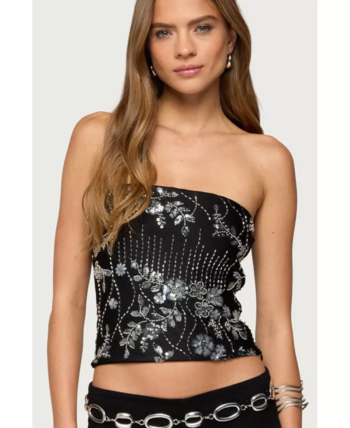 Женский топ Zelda без бретелек с бисером и пайетками Edikted, черный 
Женский топ Zelda без бретелек с бисером и пайетками Edikted, черный