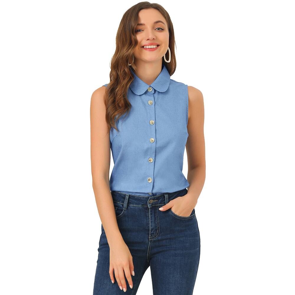 Женская повседневная майка без рукавов, рубашка из шамбре с воротником Питера Пэна ALLEGRA K, синий 
Женская повседневная майка без рукавов, рубашка из шамбре с воротником Питера Пэна ALLEGRA K, синий