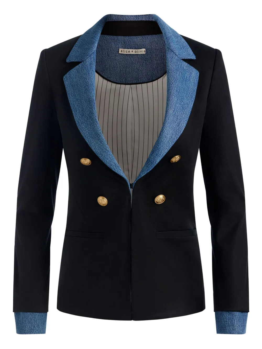 Двубортный блейзер с джинсовым воротником alice + olivia, черный
Двубортный блейзер с джинсовым воротником alice + olivia, черный