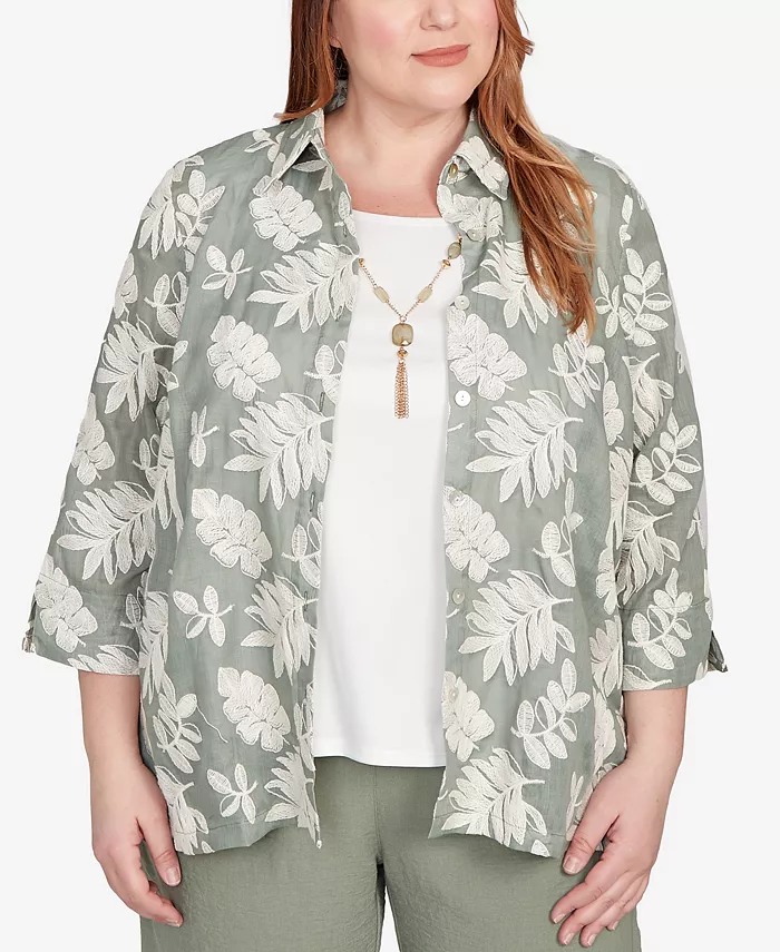 Большой размер: топ «Два в одном» с сутажным принтом «Листья медного каньона» и ожерельем Alfred Dunner, зеленый
Большой размер: топ «Два в одном» с сутажным принтом «Листья медного каньона» и ожерельем Alfred Dunner, зеленый