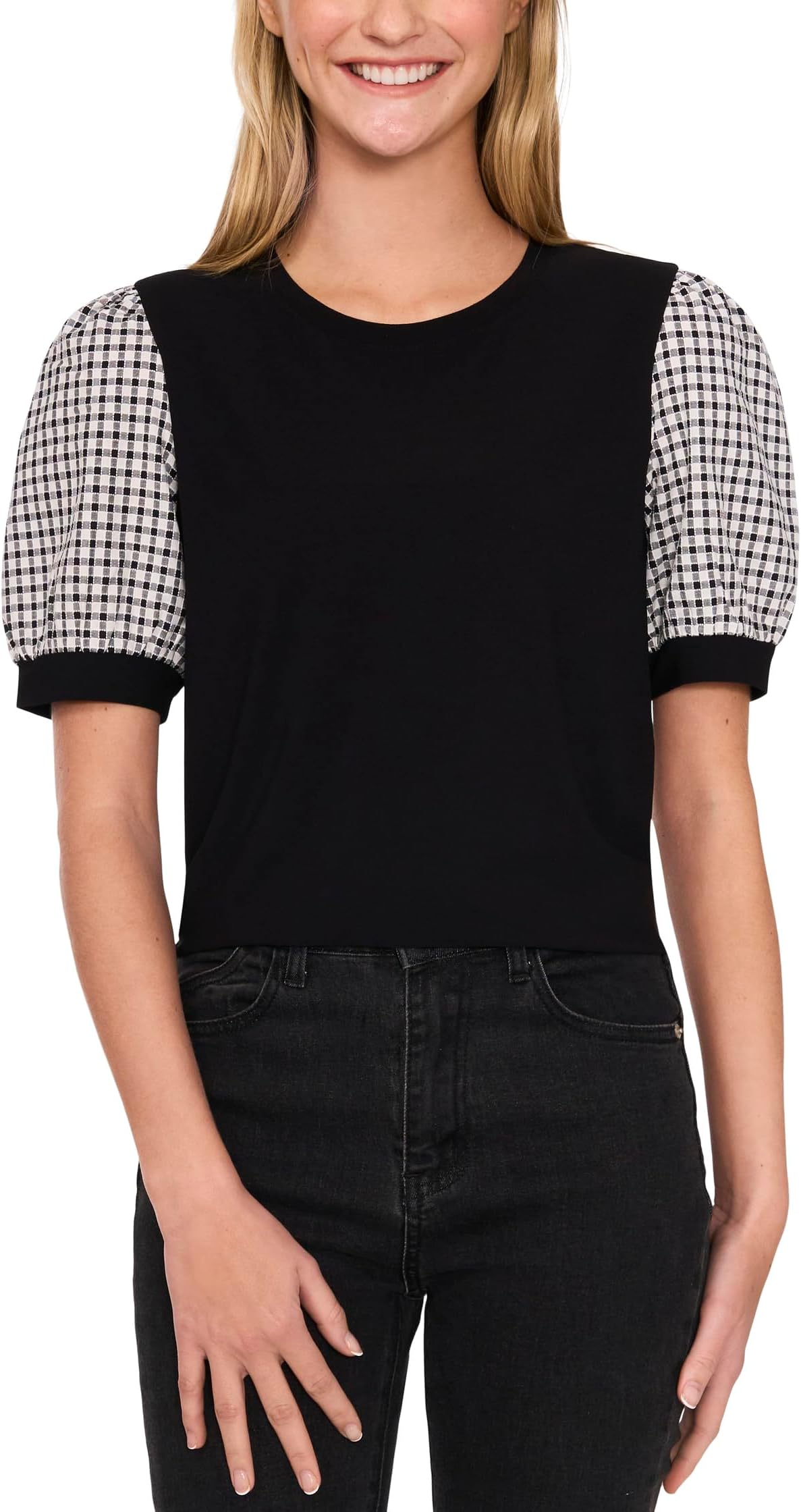 Топ CeCe Puff Short Sleeves Mix Media Top, цвет Rich Black 
Топ CeCe Puff Short Sleeves Mix Media Top, цвет Rich Black