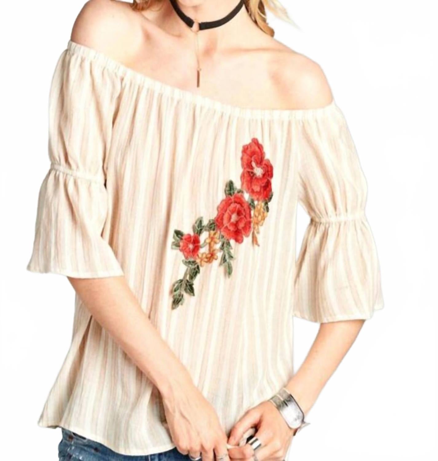 Бежевая полосатая хлопковая блуза с открытыми плечами Oddy
Бежевая полосатая хлопковая блуза с открытыми плечами Oddy