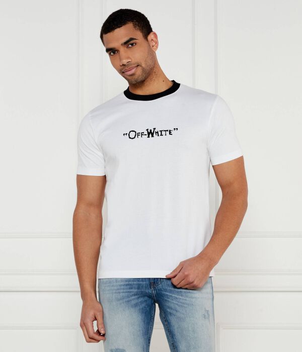 Футболка мужская Off White с окантовкой горловины и принтом, белый 
Футболка мужская Off White с окантовкой горловины и принтом, белый