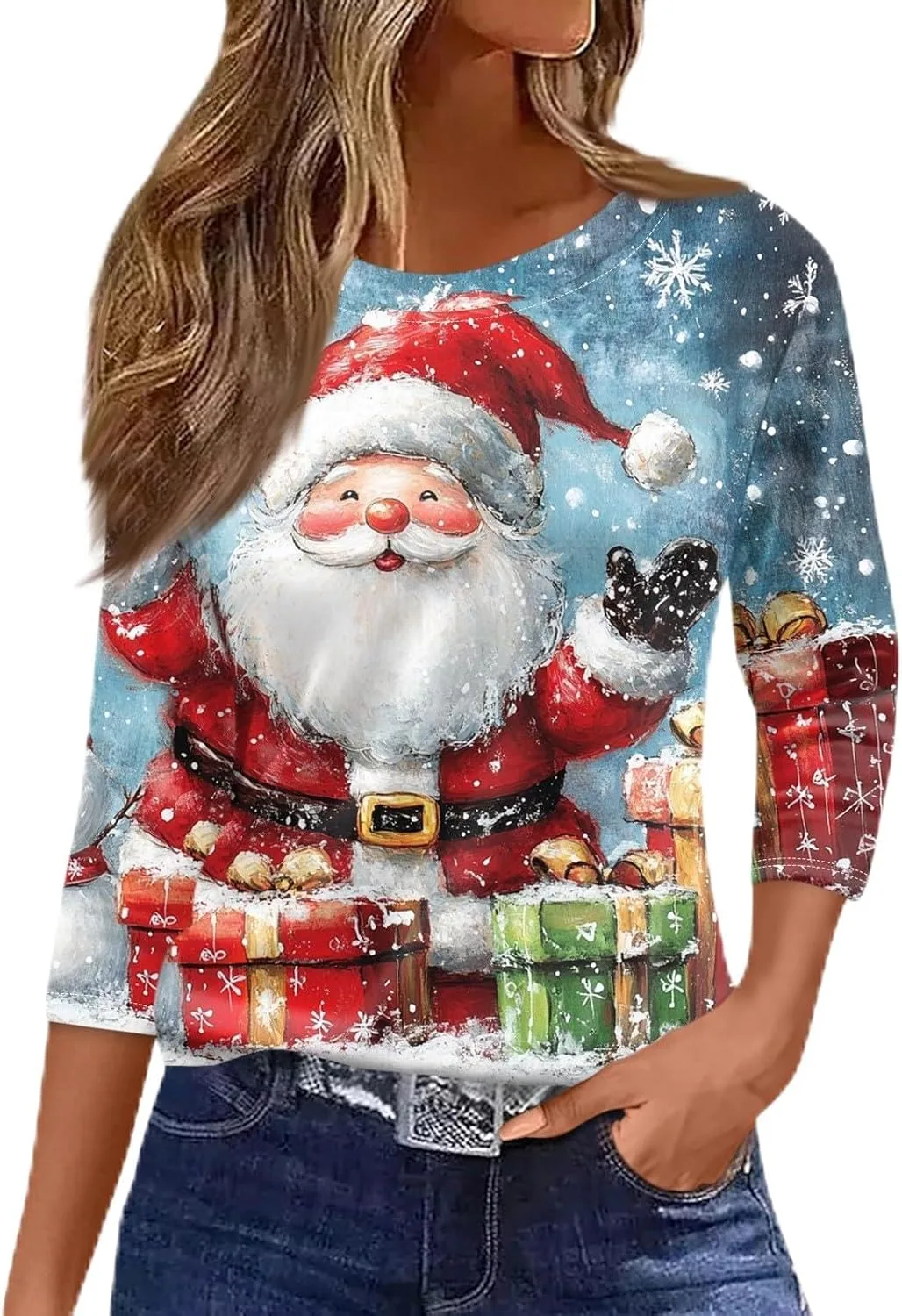 Женская рождественская блуза с 3/4 рукавом и принтом
Женская рождественская блуза с 3/4 рукавом и принтом