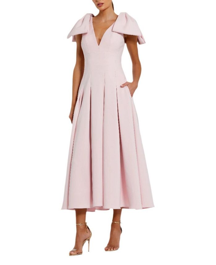 Креповое миди-платье фасора "A-line" с бантами на бретелях Mac Duggal, розовый 
Креповое миди-платье фасора "A-line" с бантами на бретелях Mac Duggal, розовый