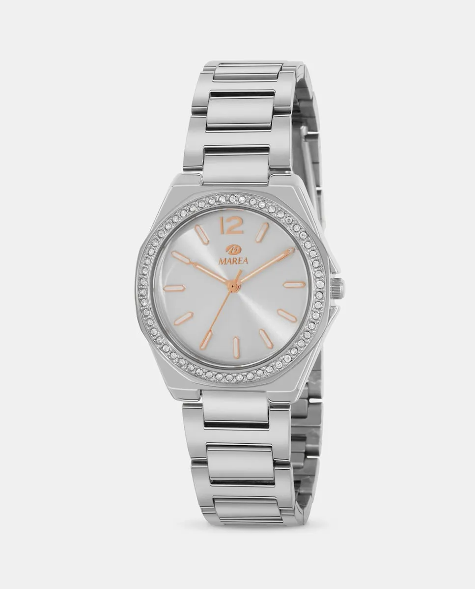 B41338/1 женские часы со стальным ремешком и безелем с цирконами Marea, серебряный 
B41338/1 женские часы со стальным ремешком и безелем с цирконами Marea, серебряный