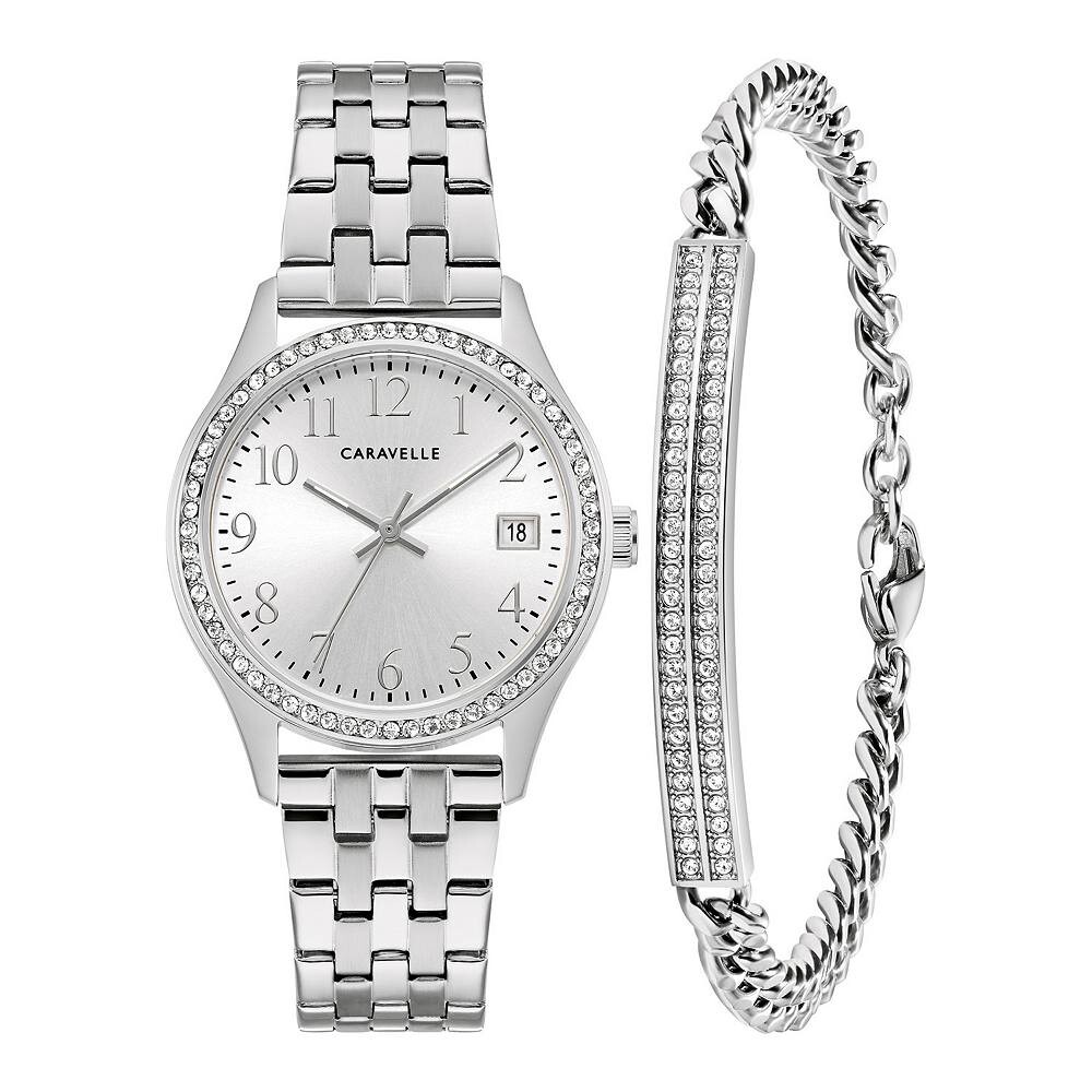 Caravelle by Bulova Женские часы из нержавеющей стали с кристаллами и браслет с кристаллами в коробке, цвет Silver 
Caravelle by Bulova Женские часы из нержавеющей стали с кристаллами и браслет с кристаллами в коробке, цвет Silver