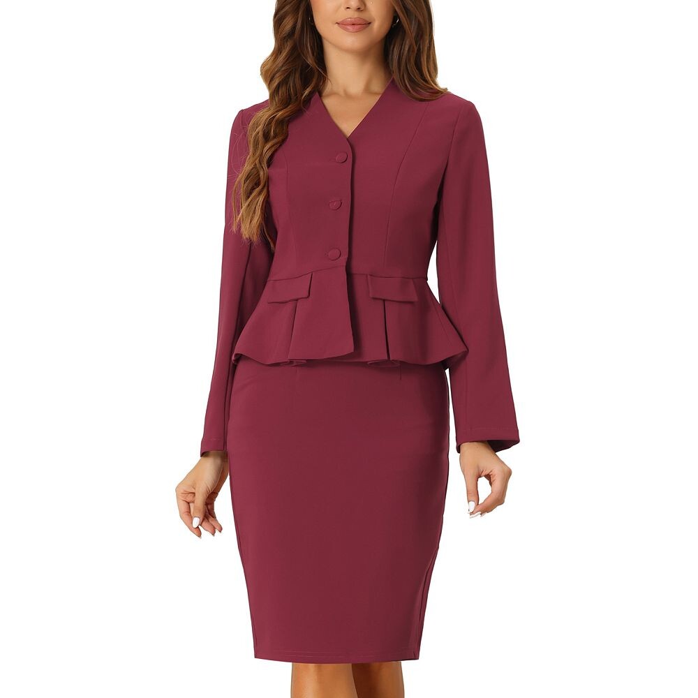 Женский деловой комплект из 2 предметов, блейзер с баской и длинными рукавами без воротника, юбки-карандаши ALLEGRA K, цвет Dark Red
Женский деловой комплект из 2 предметов, блейзер с баской и длинными рукавами без воротника, юбки-карандаши ALLEGRA K, цвет Dark Red