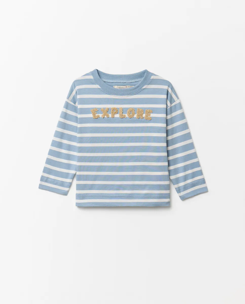 Футболка в полоску с нашивкой Sfera, светло-голубой
Футболка в полоску с нашивкой Sfera, светло-голубой