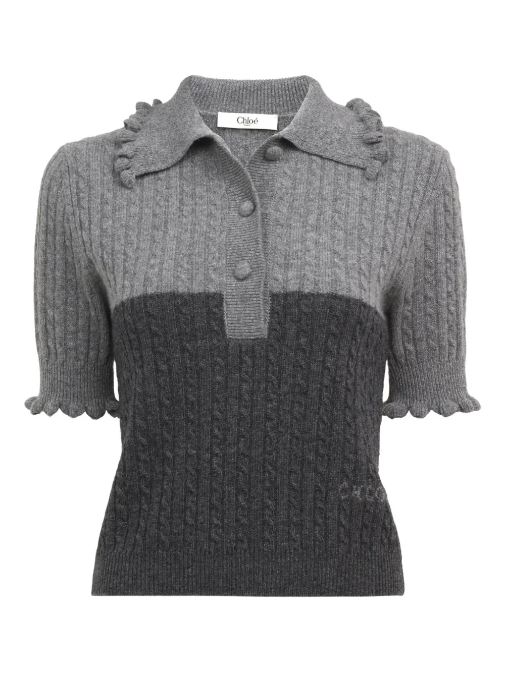Поло с оборками и вязкой в косичку Chloé, серый
Поло с оборками и вязкой в косичку Chloé, серый