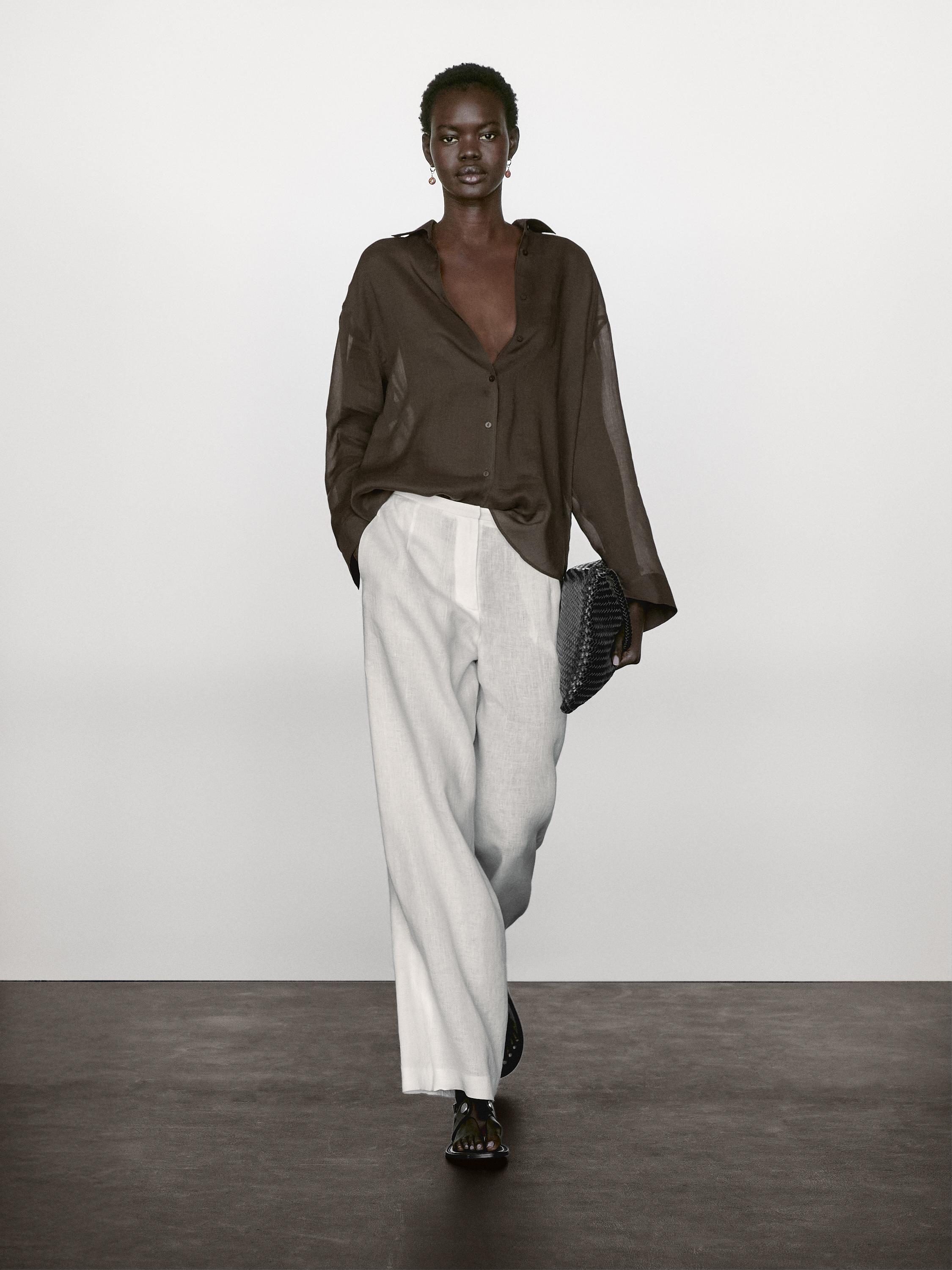 Рубашка из струящейся смеси рами Massimo Dutti, коричневый 
Рубашка из струящейся смеси рами Massimo Dutti, коричневый