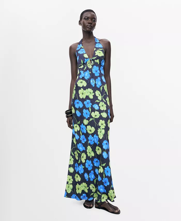 Женское длинное платье с цветочным принтом MANGO, черный 
Женское длинное платье с цветочным принтом MANGO, черный