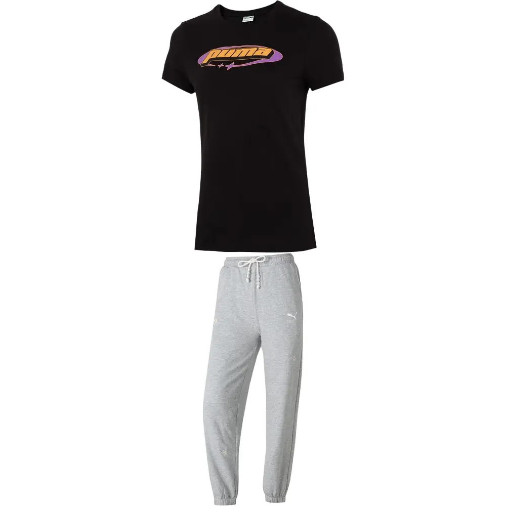 PUMA Повседневный костюм для женщин белая футболка+серые брюки
PUMA Повседневный костюм для женщин белая футболка+серые брюки