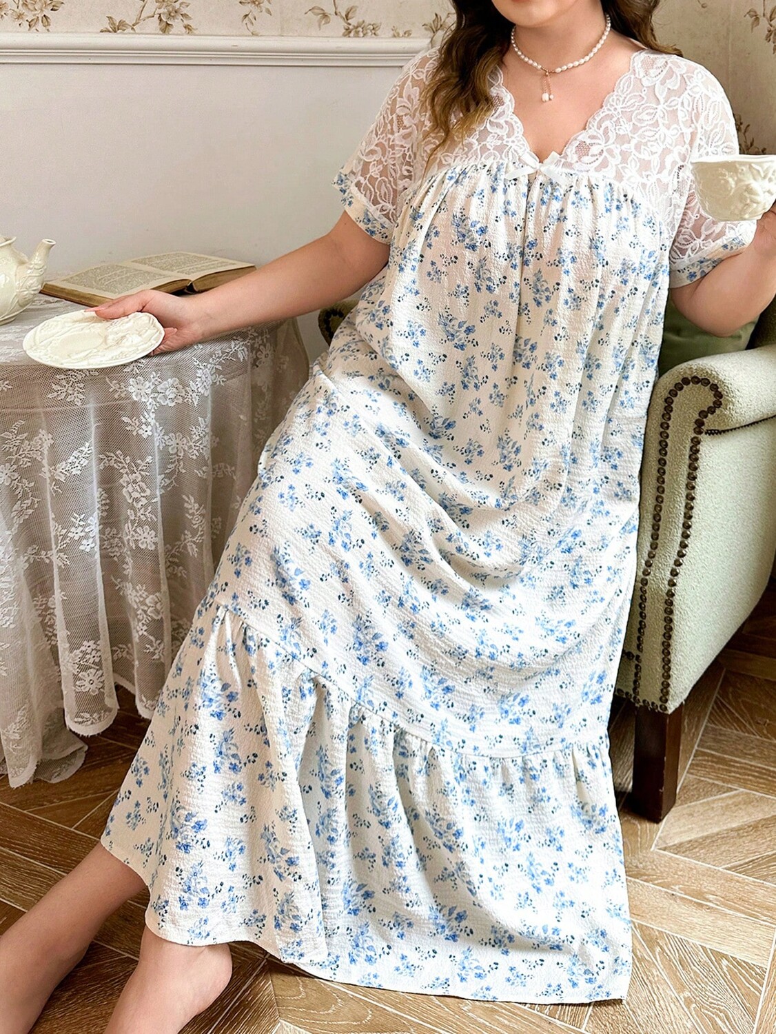 CottageSlumber Пижама с короткими рукавами и рюшами, кружево, цветочный принт Отделяются заплатками специального размера Shein, синий
CottageSlumber Пижама с короткими рукавами и рюшами, кружево, цветочный принт Отделяются заплатками специального размера Shein, синий
