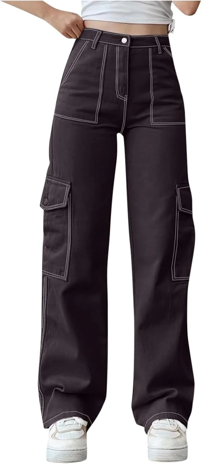 Женские карго штаны с высокой талией и прямыми широкими штанинами
Женские карго штаны с высокой талией и прямыми широкими штанинами