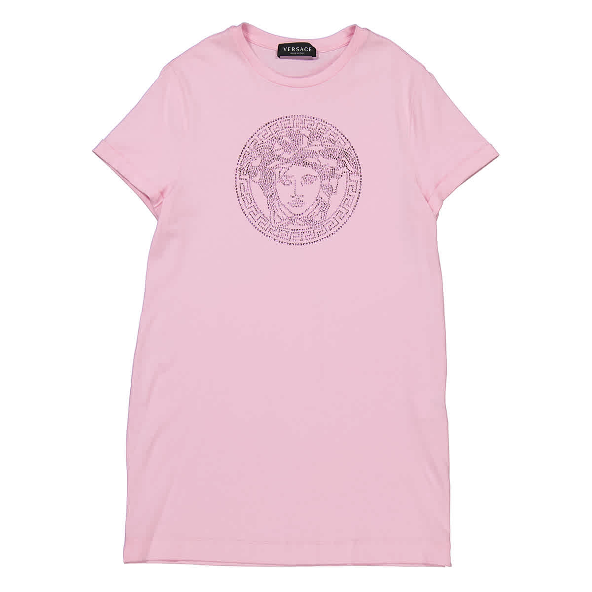 Молодежное платье-футболка Versace Girls с шипами и логотипом Medusa Young Versace, розовый 
Молодежное платье-футболка Versace Girls с шипами и логотипом Medusa Young Versace, розовый