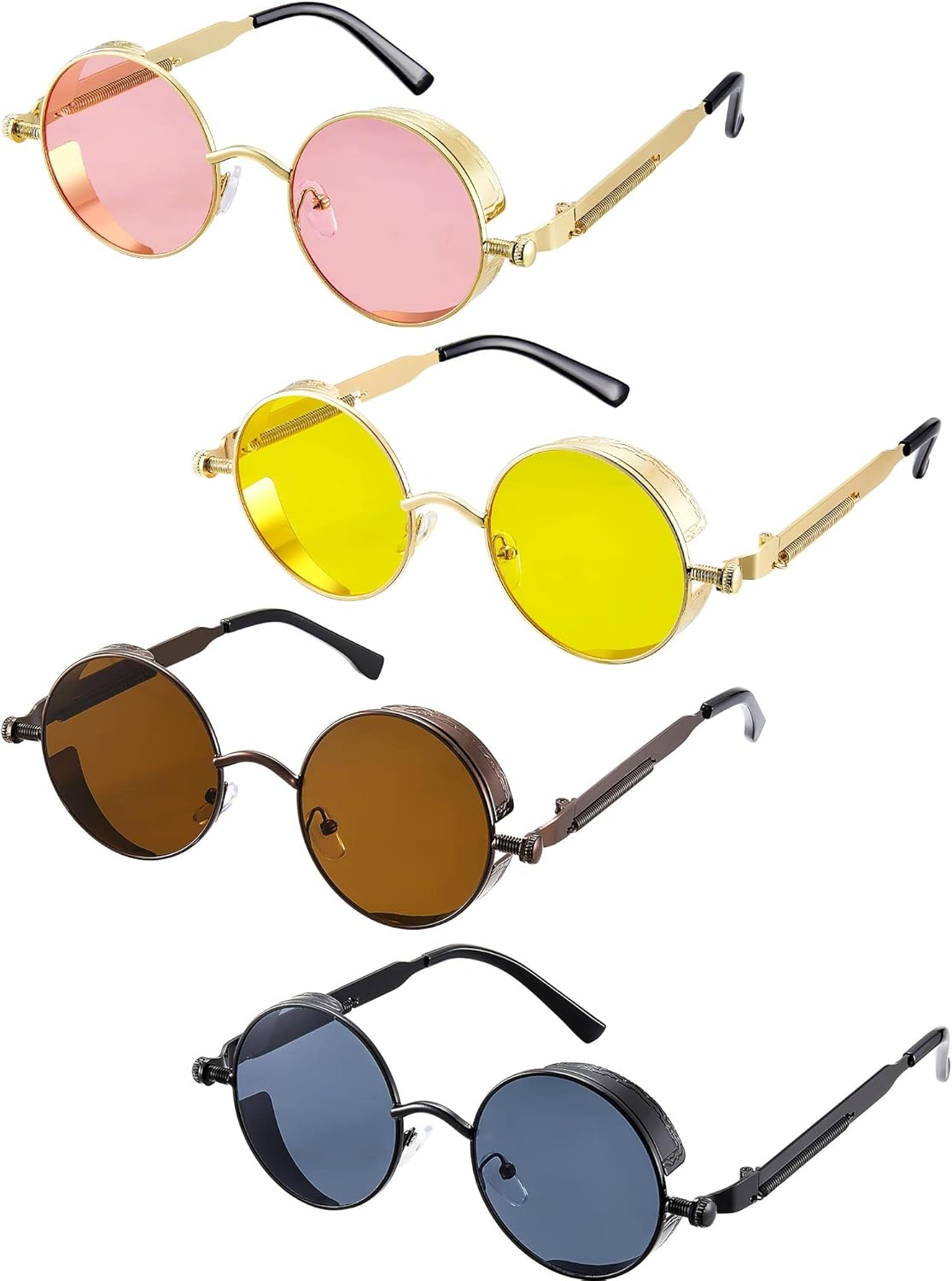 Frienda 4 штуки ретро-солнцезащитных очков в стиле стимпанк, винтажные готические круглые солнцезащитные очки, круглые очки в стиле стимпанк для Рождества, для женщин и мужчин, Yellow, Brown, Black, Pink
Frienda 4 штуки ретро-солнцезащитных очков в стиле стимпанк, винтажные готические круглые солнцезащитные очки, круглые очки в стиле стимпанк для Рождества, для женщин и мужчин, Yellow, Brown, Black, Pink