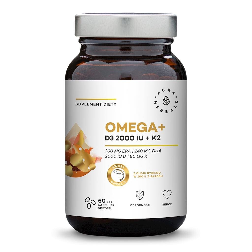 AURA HERBALS Omega+ Витамин D3 2000 МЕ + K2 Биологически активная добавка, 60 мягких желатиновых капсул
AURA HERBALS Omega+ Витамин D3 2000 МЕ + K2 Биологически активная добавка, 60 мягких желатиновых капсул