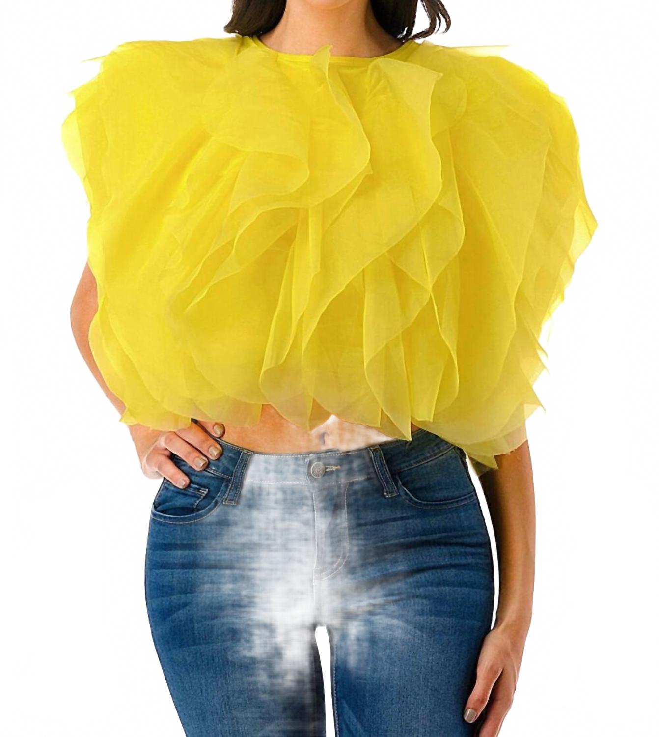 Желтый укороченный топ без рукавов из тюля с рюшами Love Highlight
Желтый укороченный топ без рукавов из тюля с рюшами Love Highlight