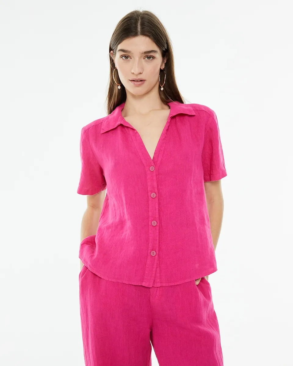 Женская рубашка из 100% льна с короткими рукавами и V-образным вырезом System Action, фуксия
Женская рубашка из 100% льна с короткими рукавами и V-образным вырезом System Action, фуксия