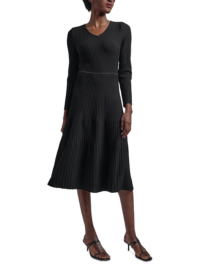 Платье миди с длинным рукавом и V-образным вырезом в рубчик Misook, черный 
Платье миди с длинным рукавом и V-образным вырезом в рубчик Misook, черный