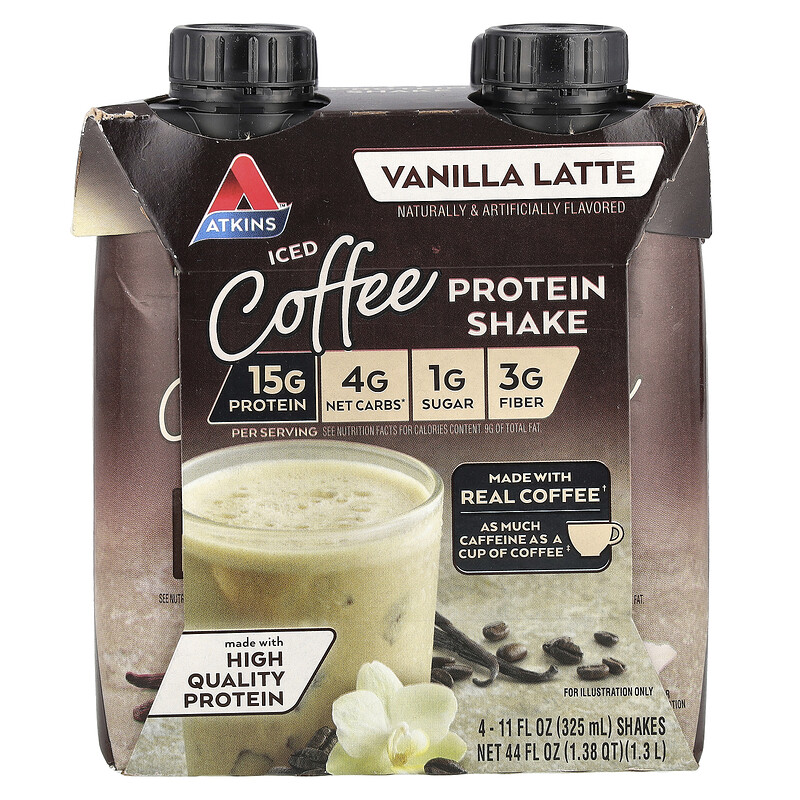 Atkins, Кофейный протеиновый коктейль со льдом, ванильный латте, 4 коктейля, 325 мл (11 жидк. унц.)
Atkins, Кофейный протеиновый коктейль со льдом, ванильный латте, 4 коктейля, 325 мл (11 жидк. унц.)