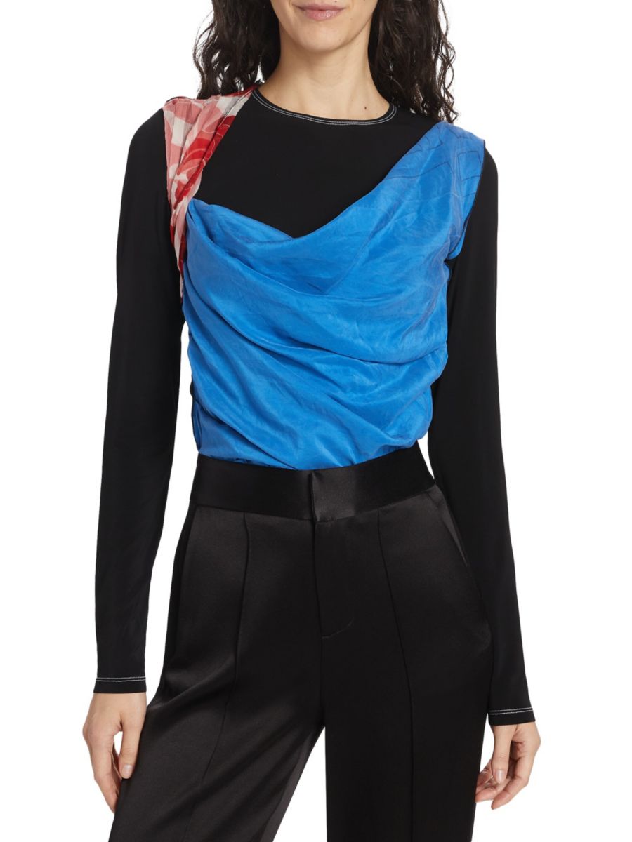 Топ из шелка и джерси с драпированной отделкой шарфом Marine Serre, синий мульти
Топ из шелка и джерси с драпированной отделкой шарфом Marine Serre, синий мульти