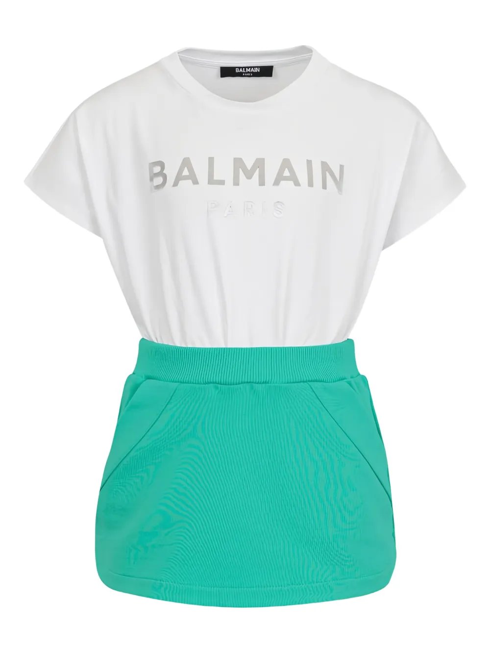 Мини-платье с панелями и принтом логотипа Balmain Kids, белый
Мини-платье с панелями и принтом логотипа Balmain Kids, белый