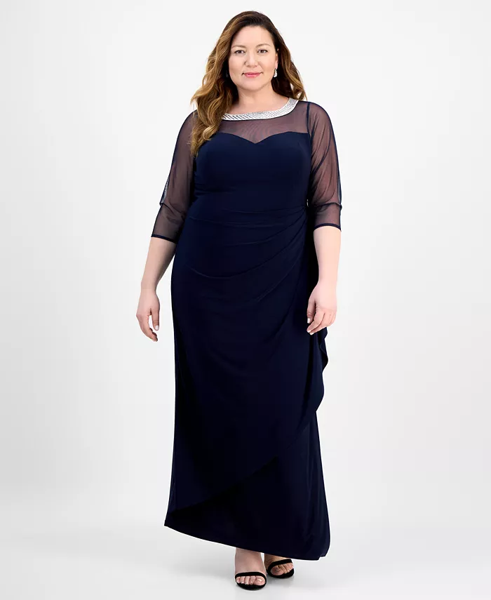 Платье больших размеров с иллюзорной отделкой и оборками Alex Evenings, синий 
Платье больших размеров с иллюзорной отделкой и оборками Alex Evenings, синий