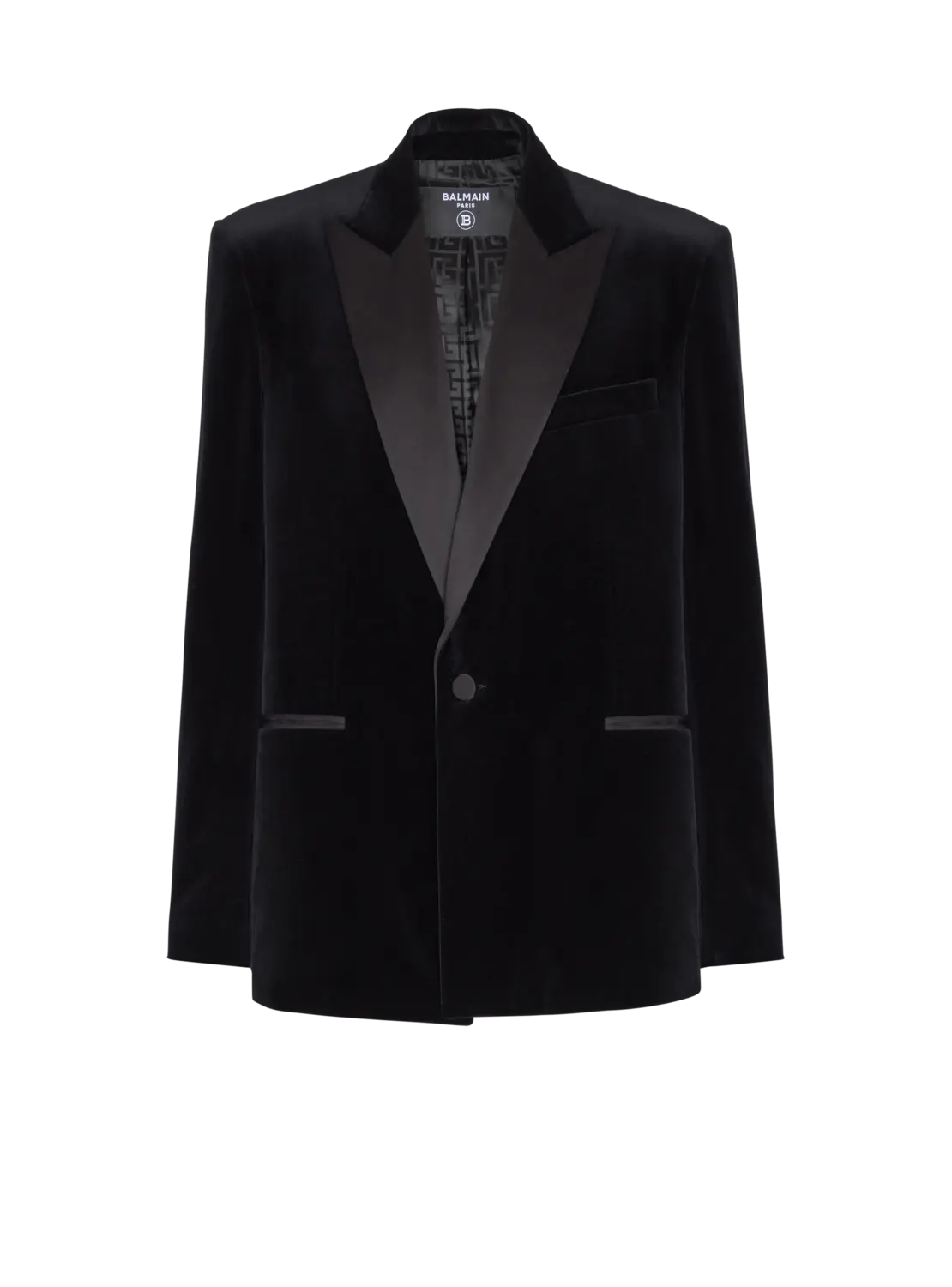 Вельветовый и атласный пиджак на одной пуговице Balmain, черный
Вельветовый и атласный пиджак на одной пуговице Balmain, черный