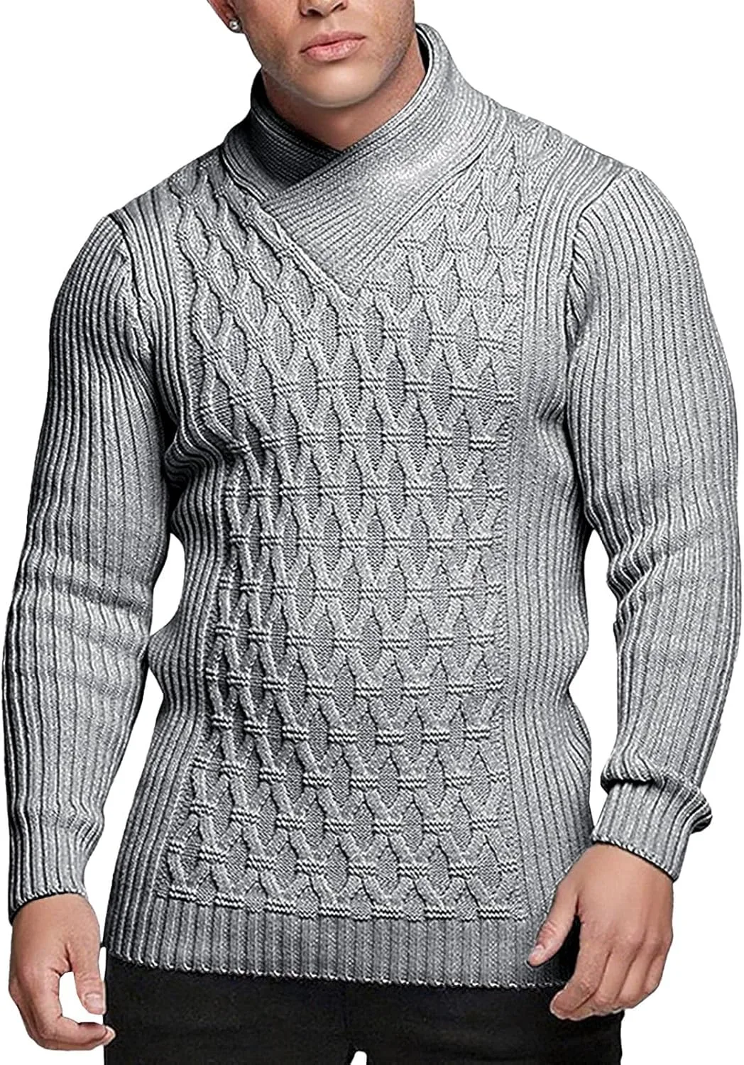 Мужской свитер с воротником-шалью и кабельной вязкой
Мужской свитер с воротником-шалью и кабельной вязкой