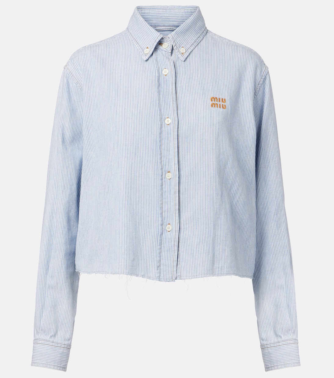 Полосатая хлопковая рубашка с логотипом Miu Miu, Azzurro
Полосатая хлопковая рубашка с логотипом Miu Miu, Azzurro