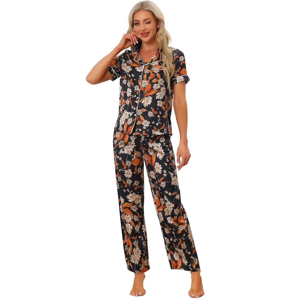 Женский шелковый атласный комплект с короткими рукавами и брюками, пижамный комплект Cheibear, цвет Black Orange 
Женский шелковый атласный комплект с короткими рукавами и брюками, пижамный комплект Cheibear, цвет Black Orange