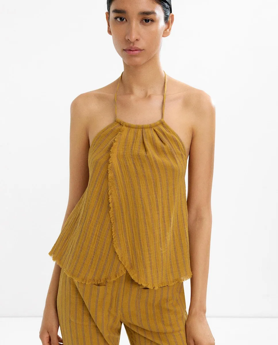 Женский топ 100% хлопок халтер с открытой спиной в полоску и рваными краями Parfois, горчичный
Женский топ 100% хлопок халтер с открытой спиной в полоску и рваными краями Parfois, горчичный