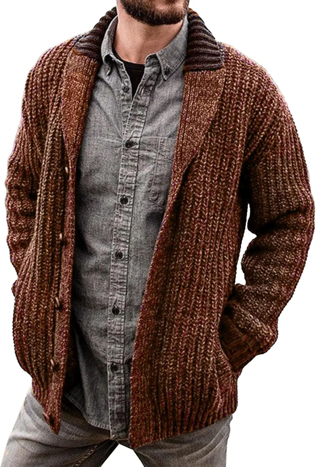 Мужской кардиган с воротником-шалью, кабельной вязкой и ребристой отделкой
Мужской кардиган с воротником-шалью, кабельной вязкой и ребристой отделкой