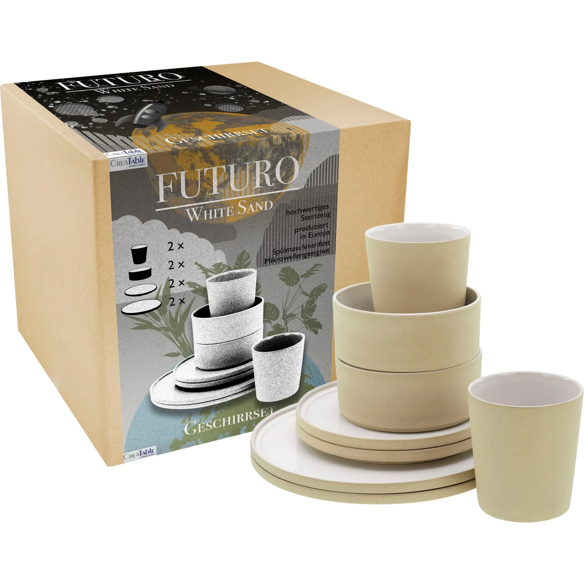 Комбинированный сервиз CreaTable «Futuro», (набор, 8 предметов), сервиз, 2 обеденные тарелки, десертные тарелки, миски, кофейные кружки, цвет sand-weiß
Комбинированный сервиз CreaTable «Futuro», (набор, 8 предметов), сервиз, 2 обеденные тарелки, десертные тарелки, миски, кофейные кружки, цвет sand-weiß
