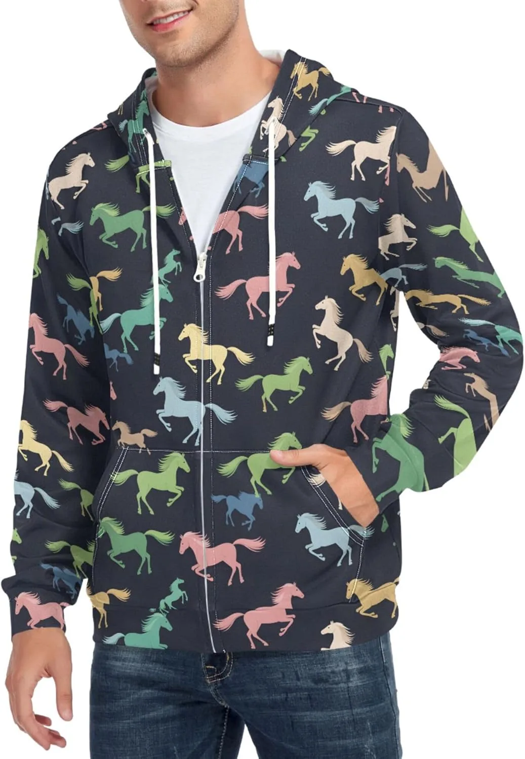 Мужской худи с молнией и принтом Colorful Horses на Navy CUPADA
Мужской худи с молнией и принтом Colorful Horses на Navy CUPADA
