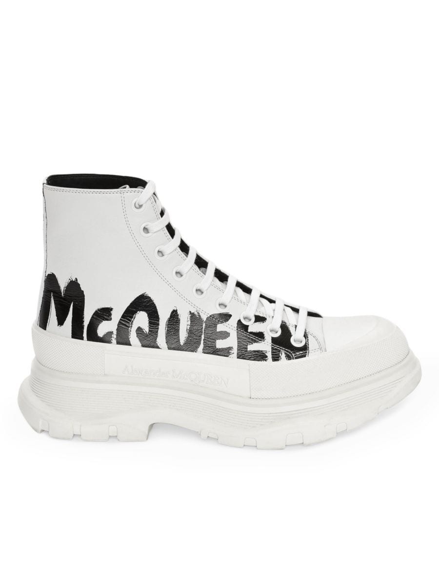 Высокие кожаные кроссовки с логотипом McQueen, белый/черный
Высокие кожаные кроссовки с логотипом McQueen, белый/черный