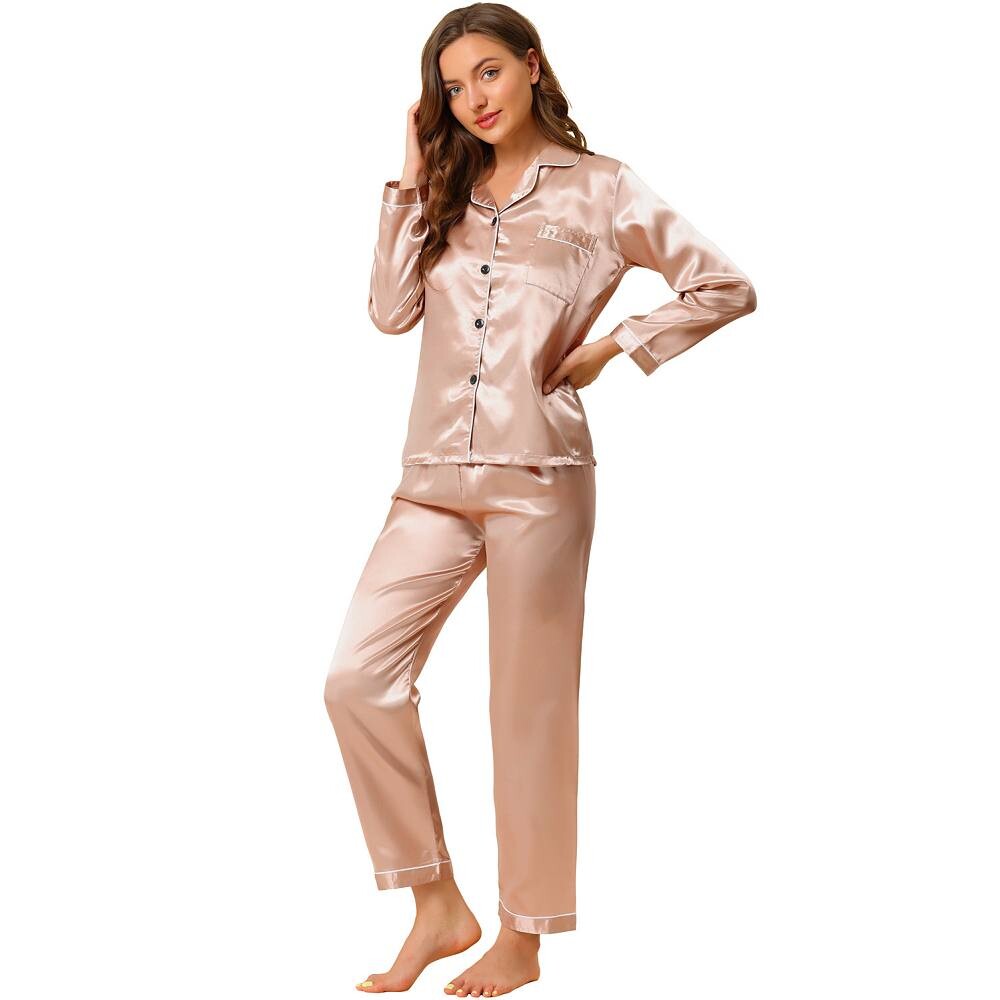 Женские атласные пижамные комплекты из 2 предметов для дома на пуговицах, гладкие шелковистые пижамные комплекты ALLEGRA K, цвет Champagne 
Женские атласные пижамные комплекты из 2 предметов для дома на пуговицах, гладкие шелковистые пижамные комплекты ALLEGRA K, цвет Champagne
