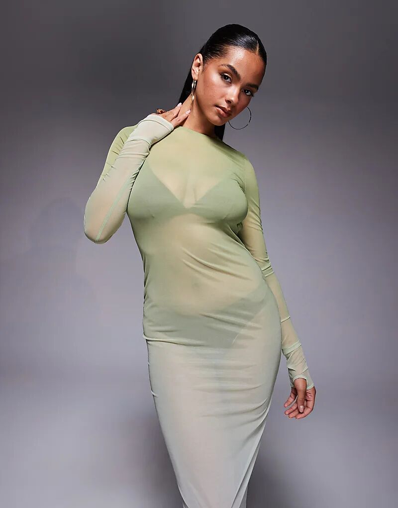 Пляжное платье-макси из сетки Oh Polly оливково-зеленого цвета 
Пляжное платье-макси из сетки Oh Polly оливково-зеленого цвета