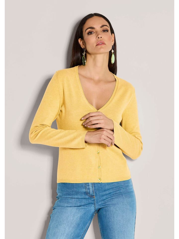 MADELEINE Кардиган из тонкой вязки с длинными рукавами и V-образным вырезом, золотисто-желтого/меланжевого цвета
MADELEINE Кардиган из тонкой вязки с длинными рукавами и V-образным вырезом, золотисто-желтого/меланжевого цвета