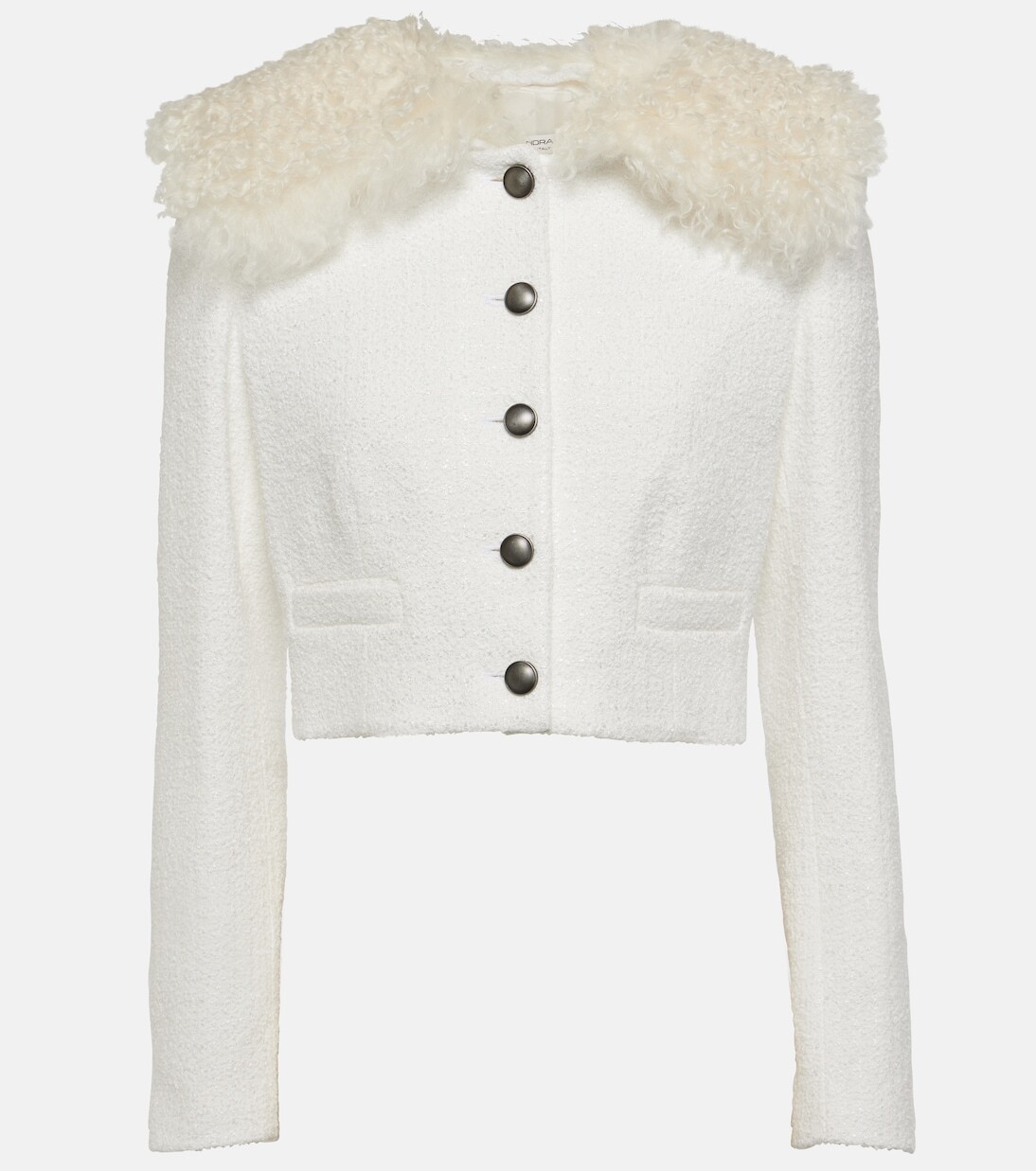 Укороченный твидовый жакет в клетку Alessandra Rich, белый
Укороченный твидовый жакет в клетку Alessandra Rich, белый