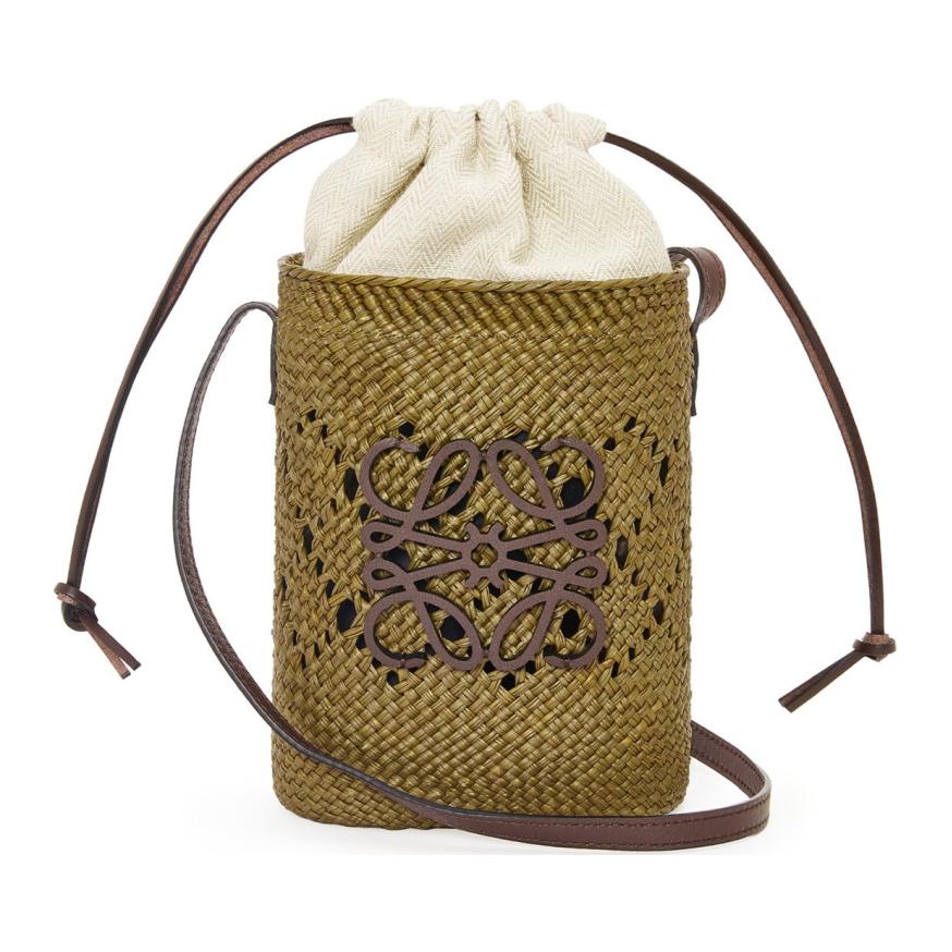 Пальмовый лист с телячьей кожей ведро сумка кроссбоди, плечо женская оливковая и каштановая LOEWE 
Пальмовый лист с телячьей кожей ведро сумка кроссбоди, плечо женская оливковая и каштановая LOEWE