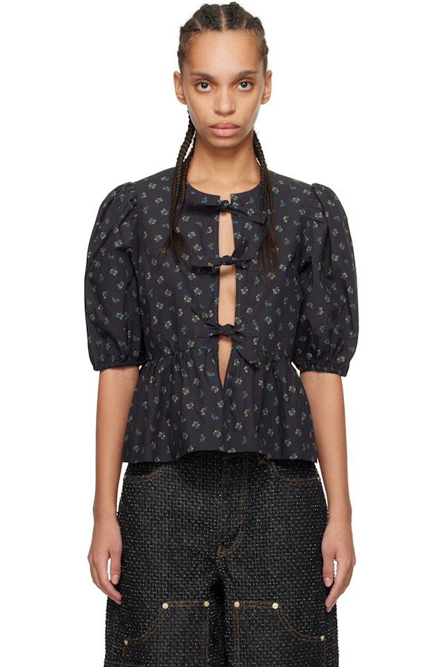 Печатная хлопковая блузка с баской Ganni, цвет phantom
Печатная хлопковая блузка с баской Ganni, цвет phantom