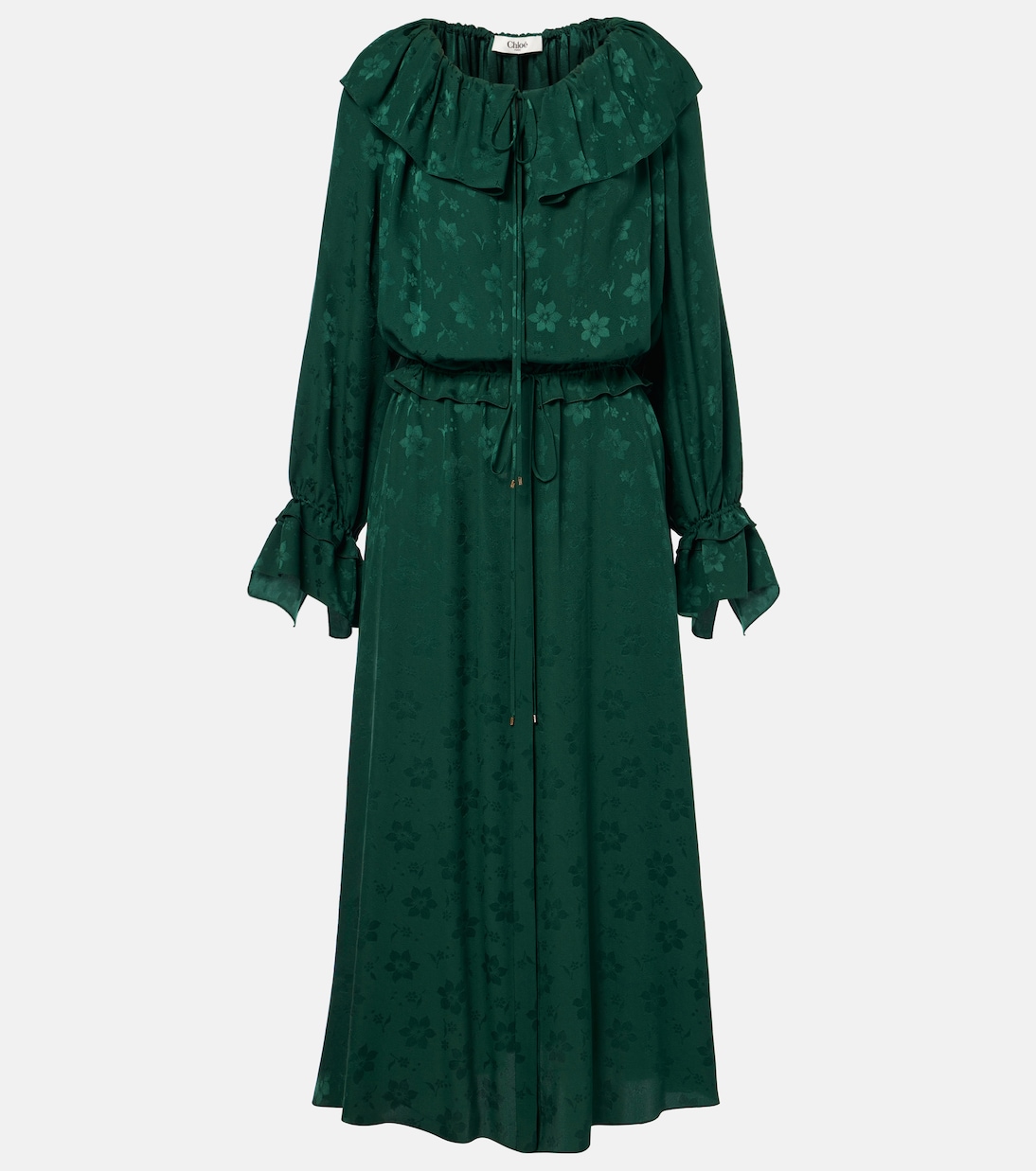 Платье миди из шелкового жаккарда с цветочным принтом и оборками Chloé, Dark Pine
Платье миди из шелкового жаккарда с цветочным принтом и оборками Chloé, Dark Pine